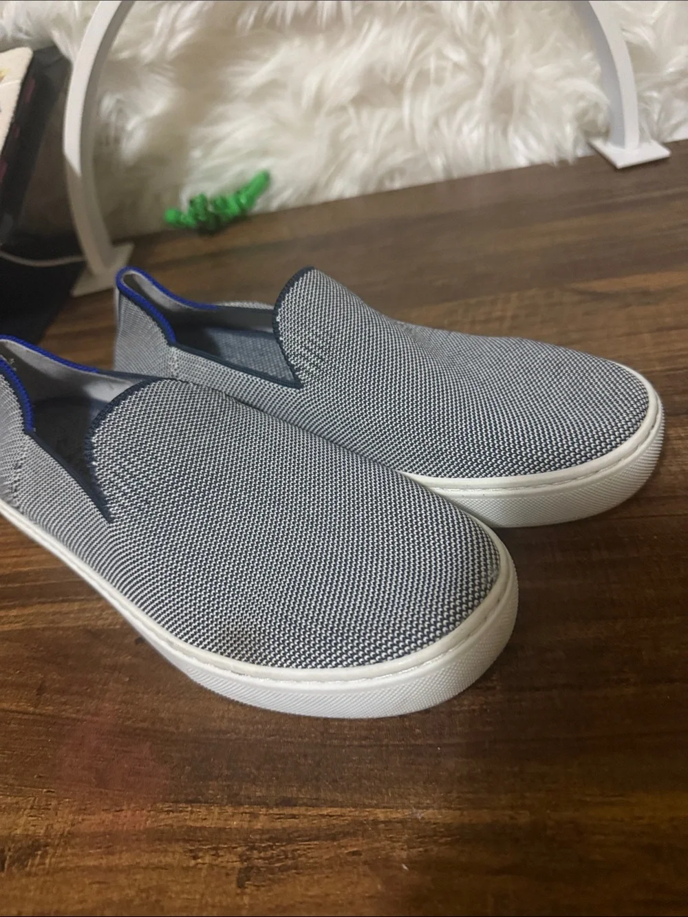 Rothy's Men's Slip-On Loafers in Gray with Blue Trim